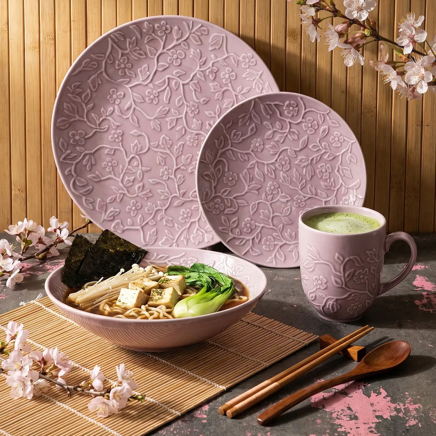 Lubiana Hanami Lawenda Serwis obiadowy 48el 12 os porcelana kwiatowy relief