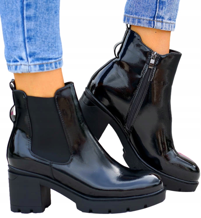 Czarne Lakierowane Botki Blogerki Na Słupku Basic 39