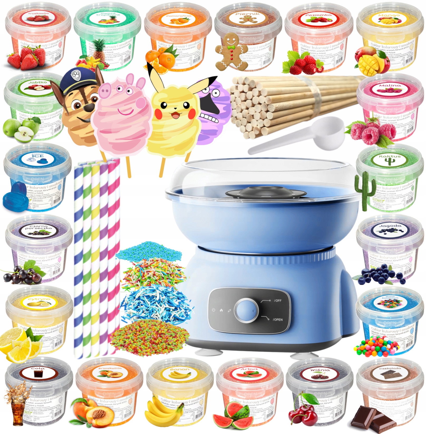 Sada Stroj na cukrovou vatu Cukr 20 x 100 g Kbelík tyčinky posypky