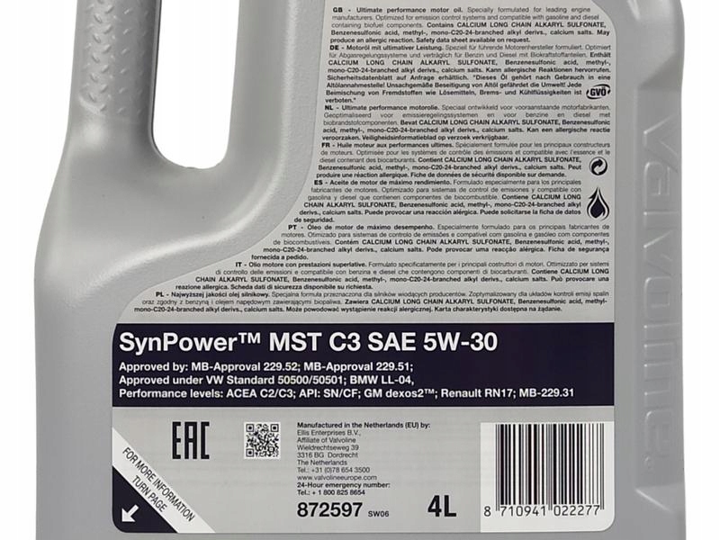VALVOLINE SYNPOWER MST C3 5W30 SN/CF DEXOS2 8L Producent Valvoline