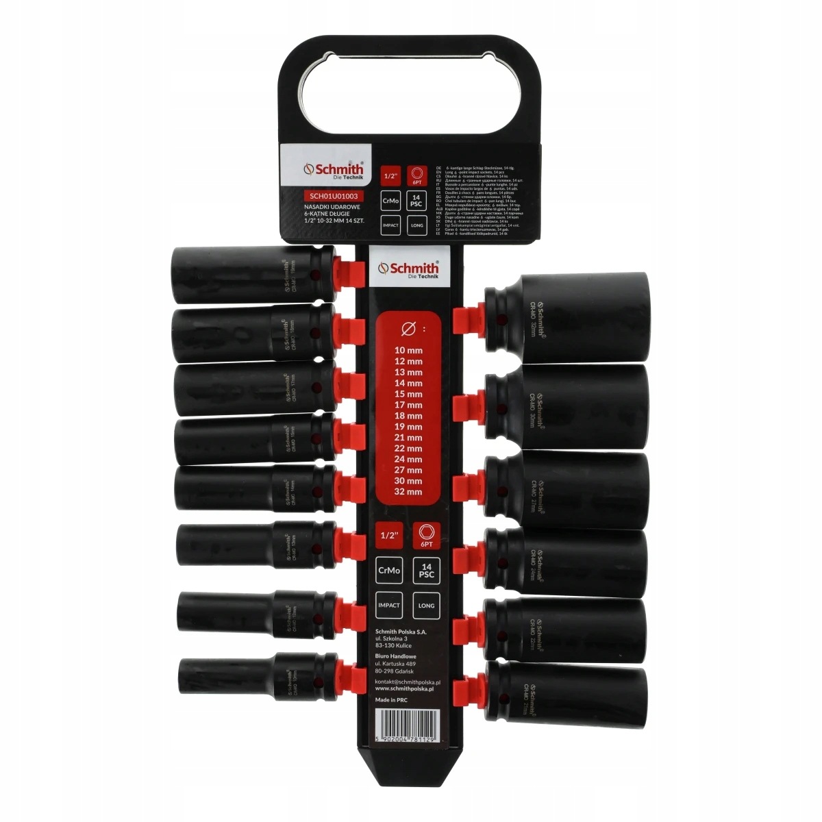 Nárazové nástavce šestihranné dlouhé, sada 1/2" 10-32 mm 14 ks Schmith