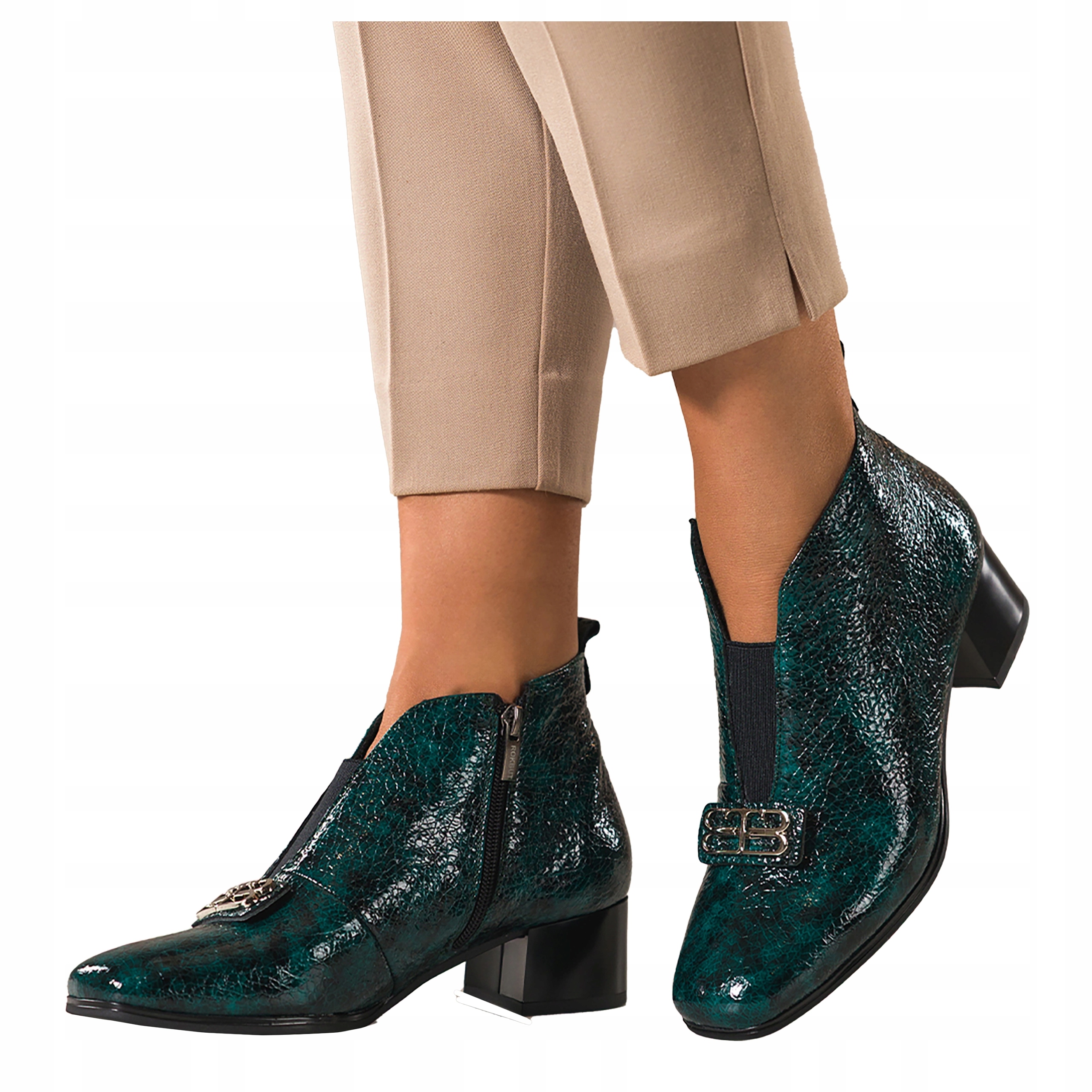 Lakované Kotníkové Boty Zelené Kožené Dámské Hadí vzor Stříbrná ozdoba r 37