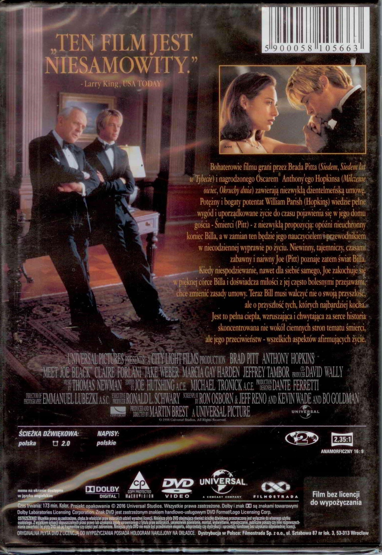 Joe Black Anthony Hopkins, Brad Pitt DVD FOLIA płyta DVD