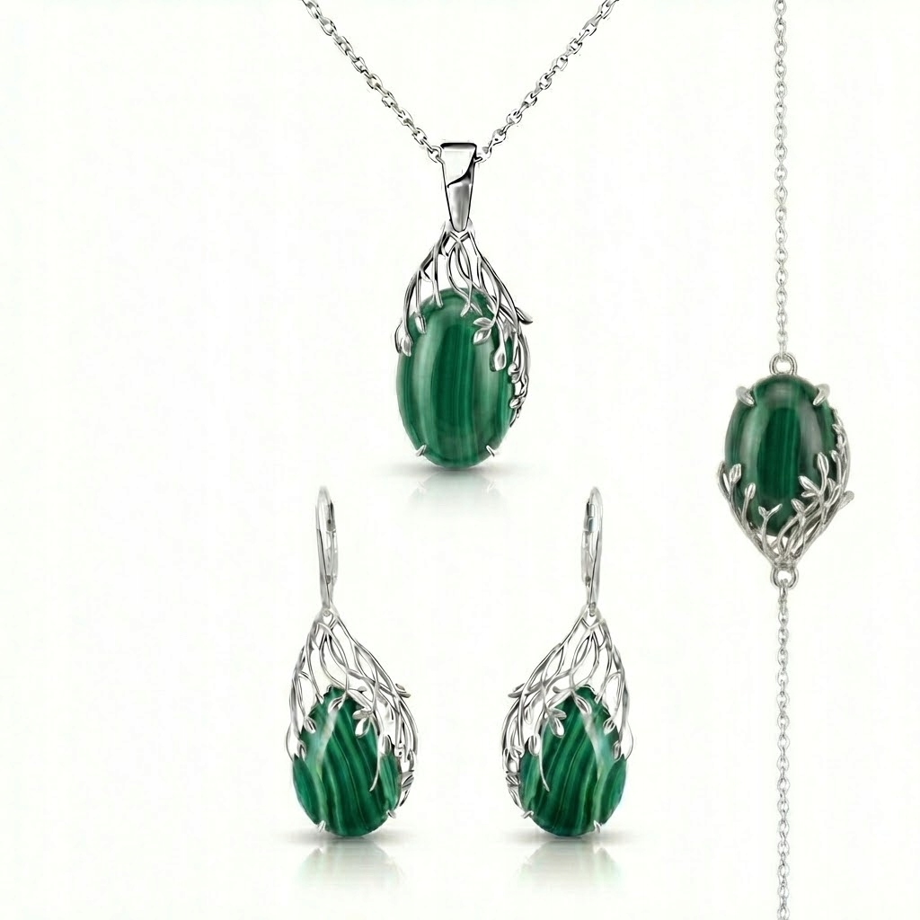 Sada dámských stříbrných šperků s malachitem, ryzost stříbro 925