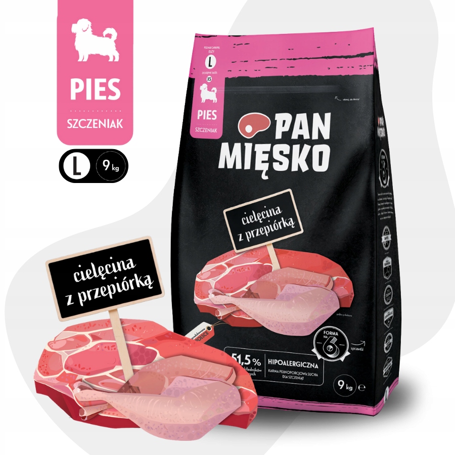 Pan Mięsko Karma sucha Cielęcina z Przepiórką Duże rasy Szczeniak L 9kg