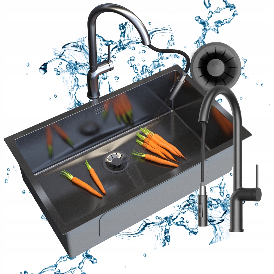 Jednokomorový Oceľový Drez Čierny Grafitový SILVO75 sifón Batéria