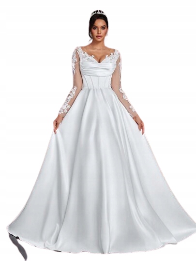 Shein Bílá Svatební Šaty S Krajkovými Aplikacemi, Dlouhý Rukáv 40/42 11KD