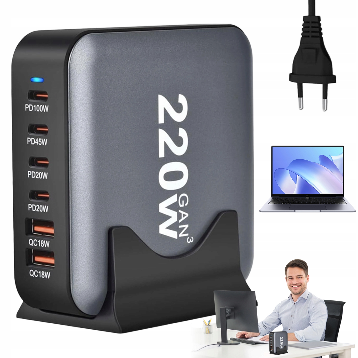 Ładowarka Gań 220W 6 Portów Stojak Kabel Eu 1,5M. Szybkie Ładowanie