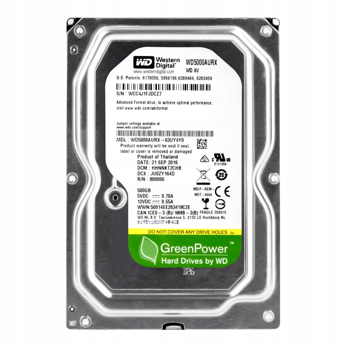 Wd Av 500GB 5,4K 64MB Sata III 3,5'' WD5000AURX