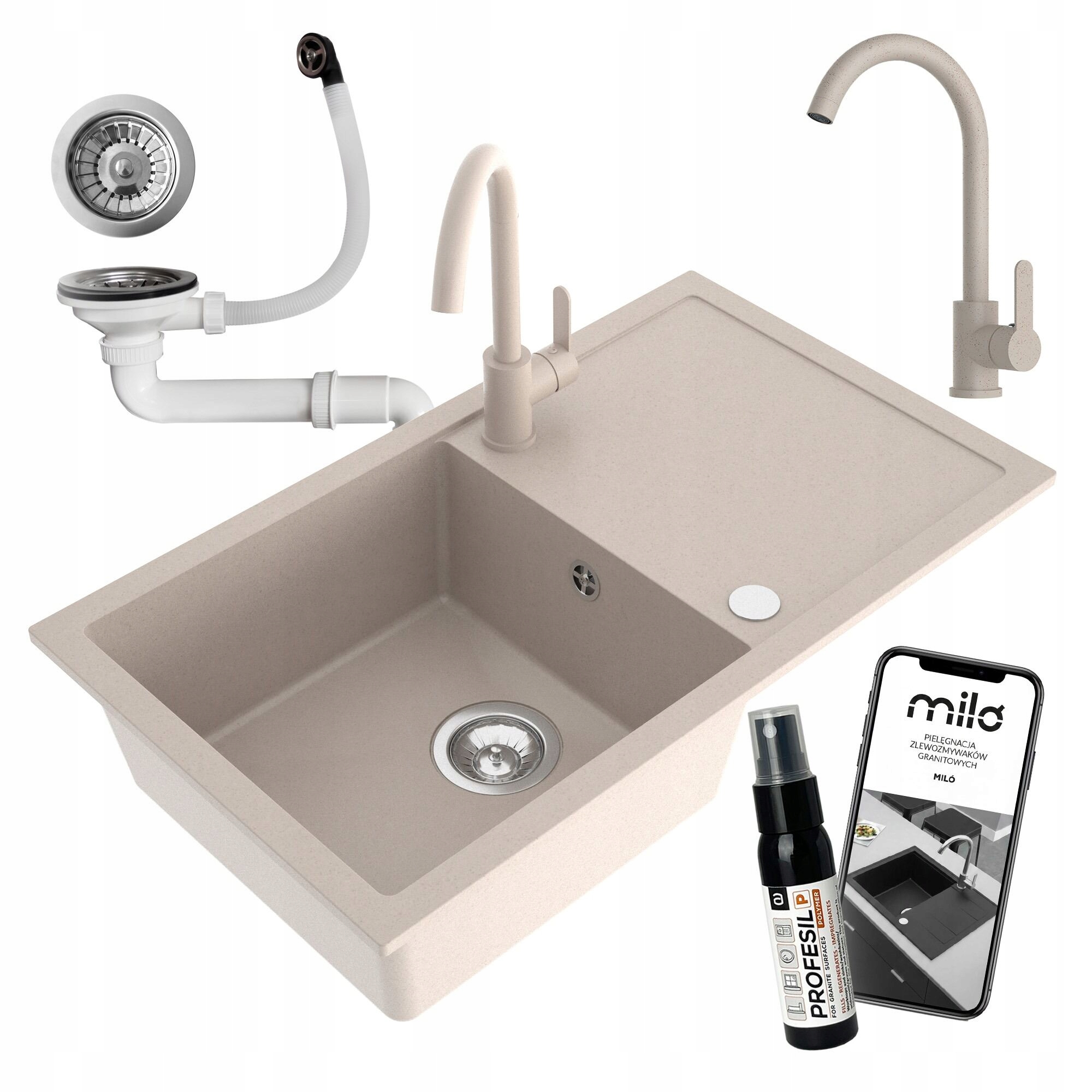 Jednokomorový Drez Miló Alpha Granitový Sifónový Set Batéria