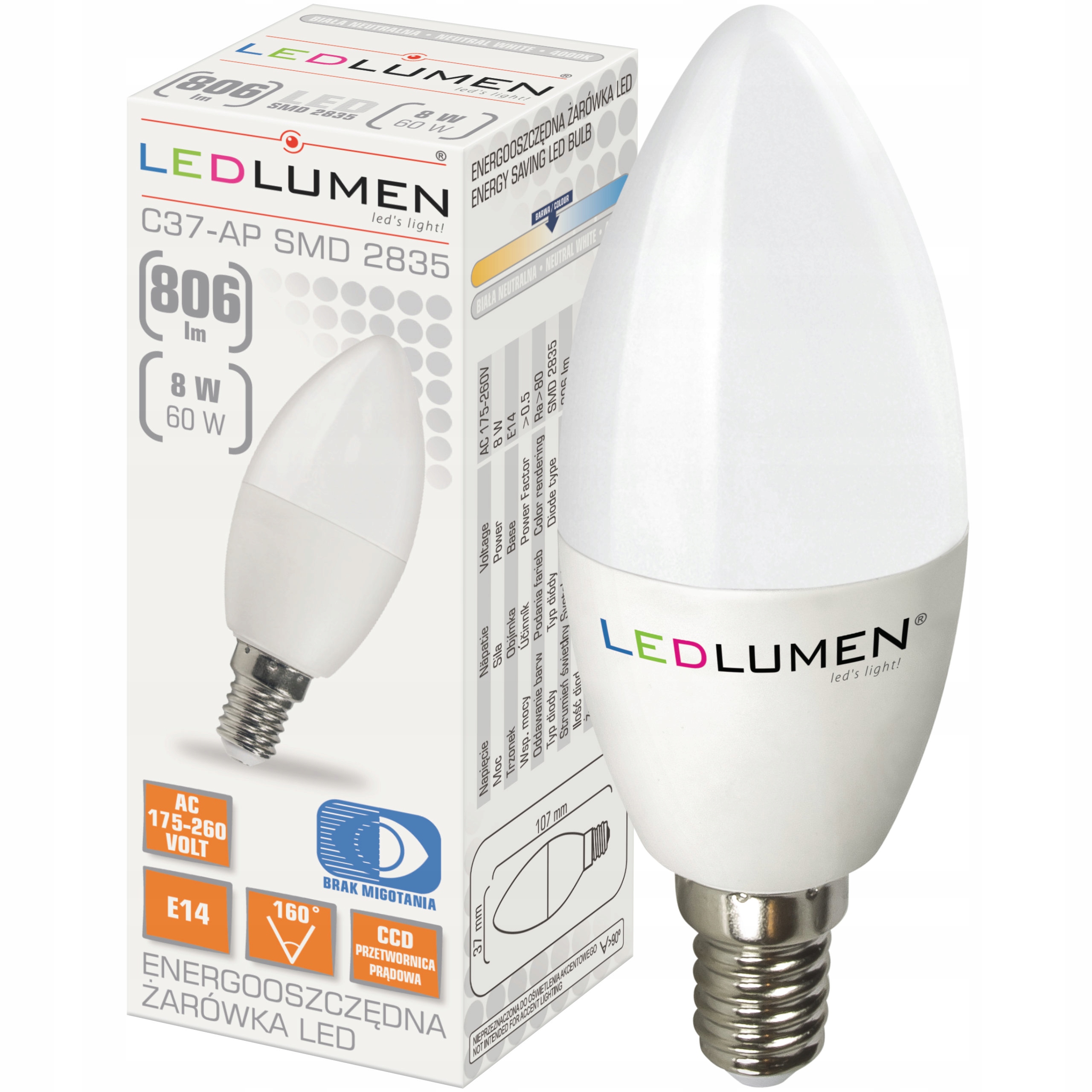 

Żarówka Led E14 Świeczka 8W=60W 806lm Neutralna