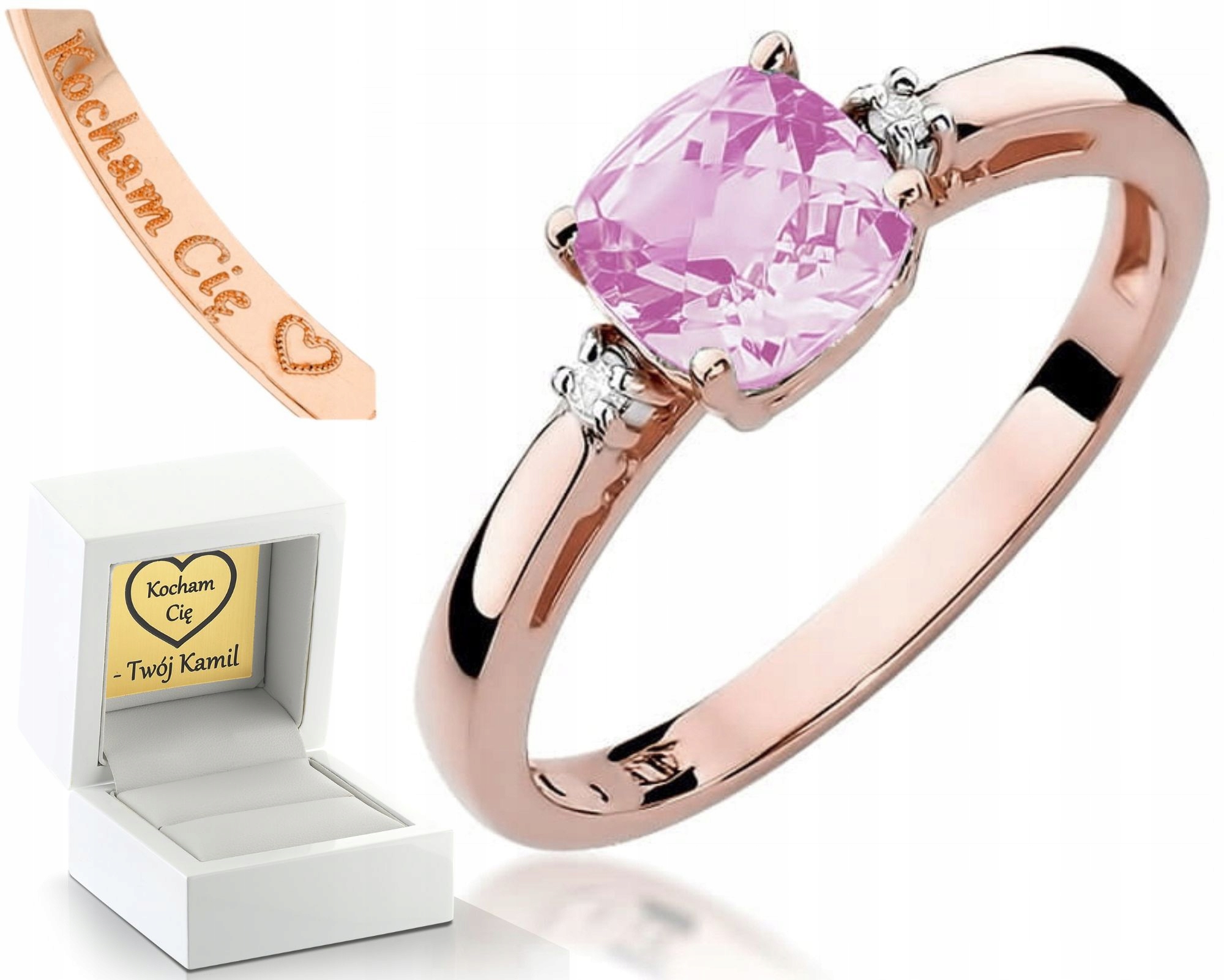 Prstýnek Prsten Z Růžového Zlata S Gravírování Diamanty Z Růžového Topazu 585