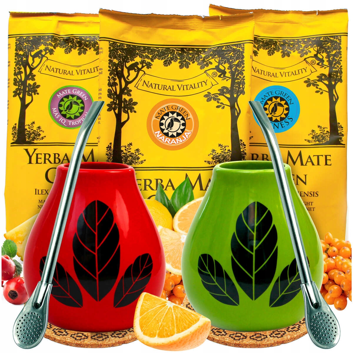 Levně Sada pro dva Yerba Mate Green Ovocná 3x200g Matera 350 ml Bombille