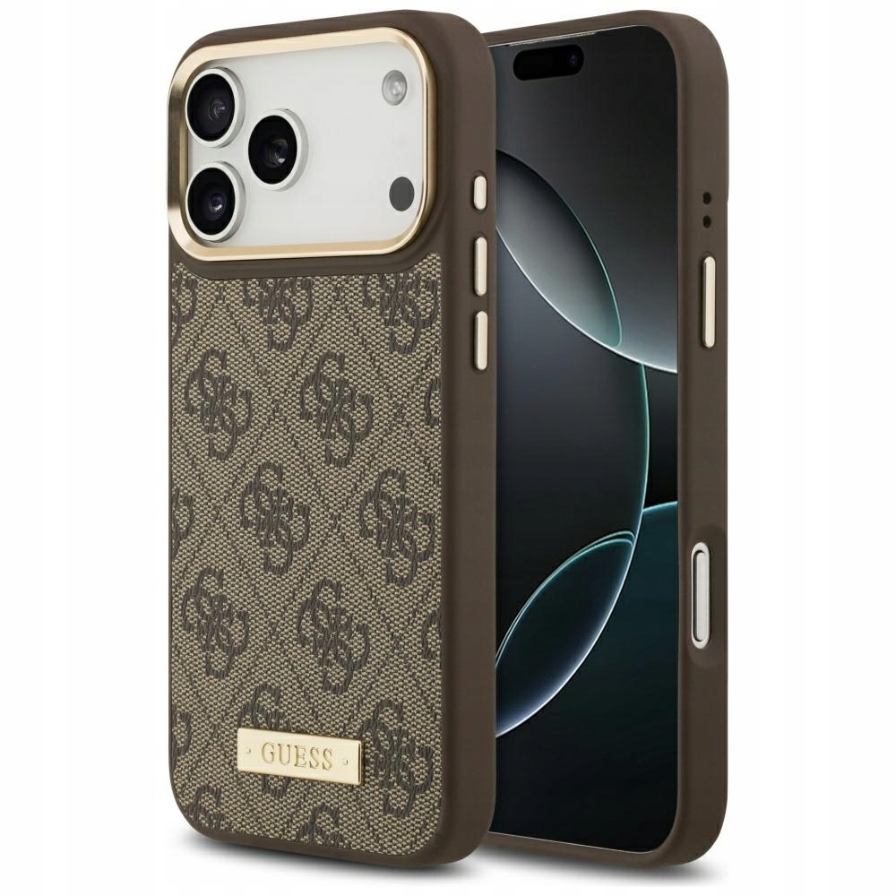 Etui Guess 4G Logo Plate MagSafe na iPhone 17 Pro Max brązowe Guess