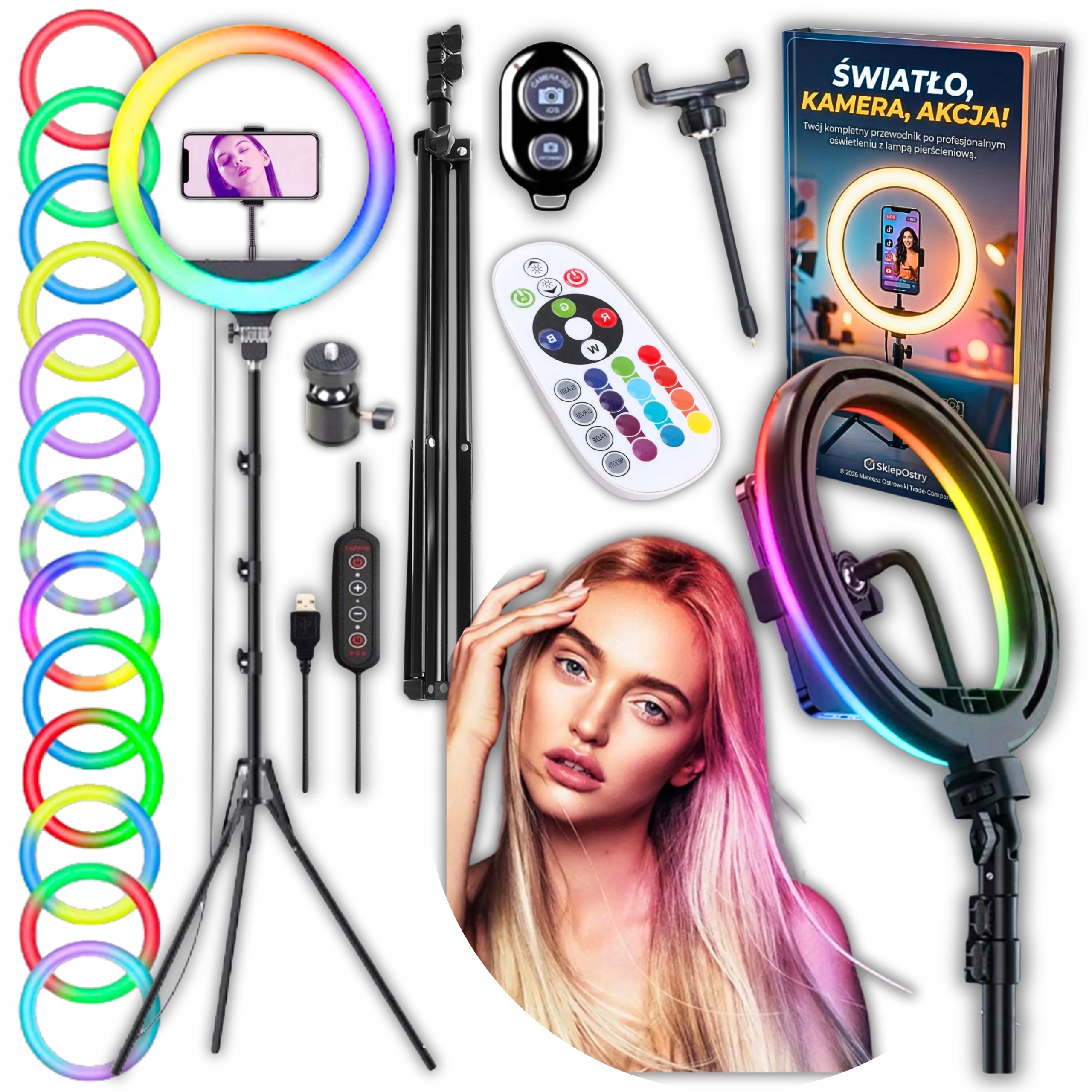 LAMPA LED RING 30CM DO DOMOWEGO STUDIO STATYW 2,2M IDEALNA DO SELFIE FILMÓW + 3 inne produkty