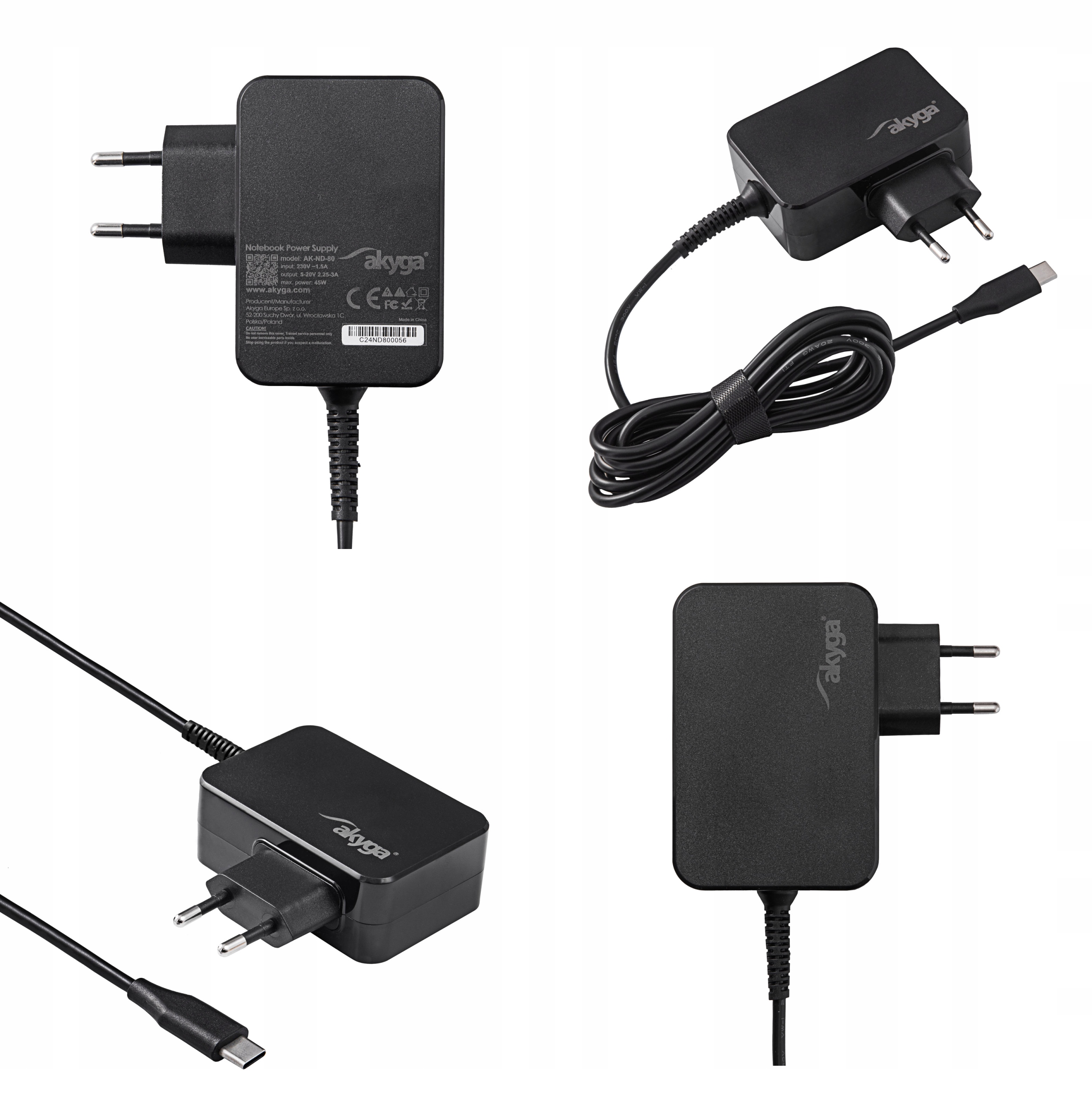 AKYGA Zasilacz do notebooka Akyga AK-ND-80 5-20V / 2.25-3A 45W USB type C 1.8m GaN — 6