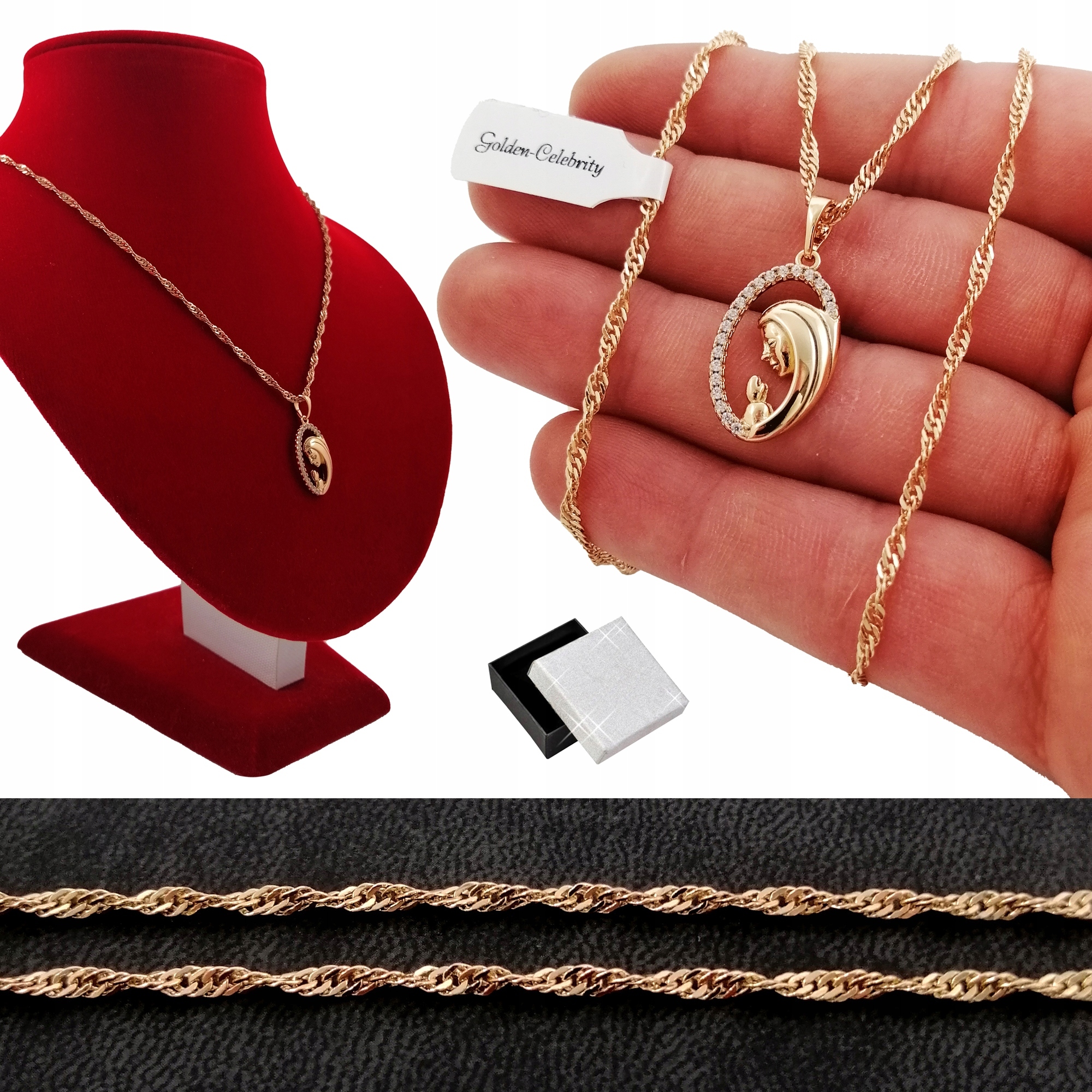 ZŁOTY ŁAŃCUSZEK SINGAPUR+MEDALIK MATKA BOSKA 18K Materiał pozłacany stal