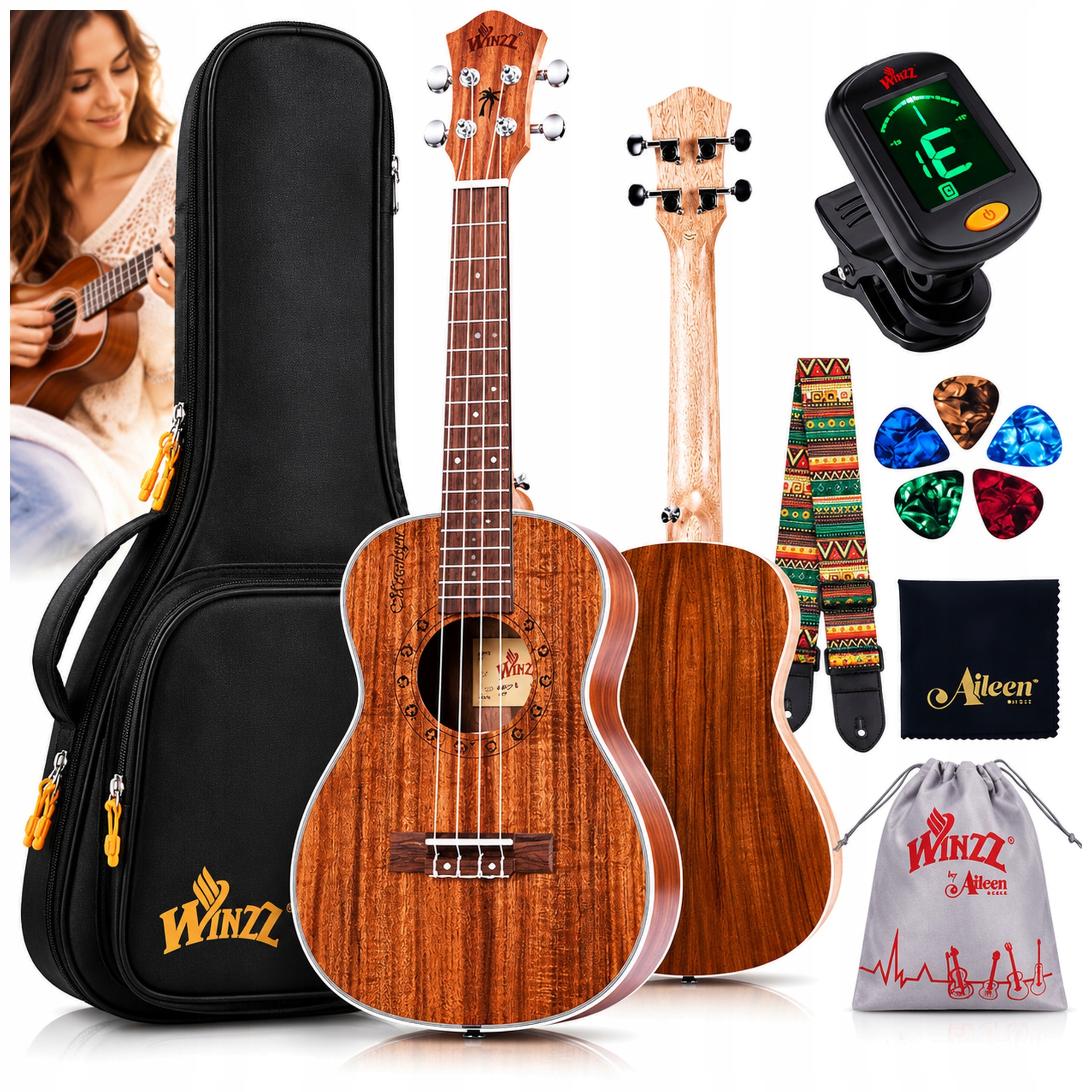 Winzz AU50L Koncertní ukulele 23 palců Dřevo Koa Aquila Set
