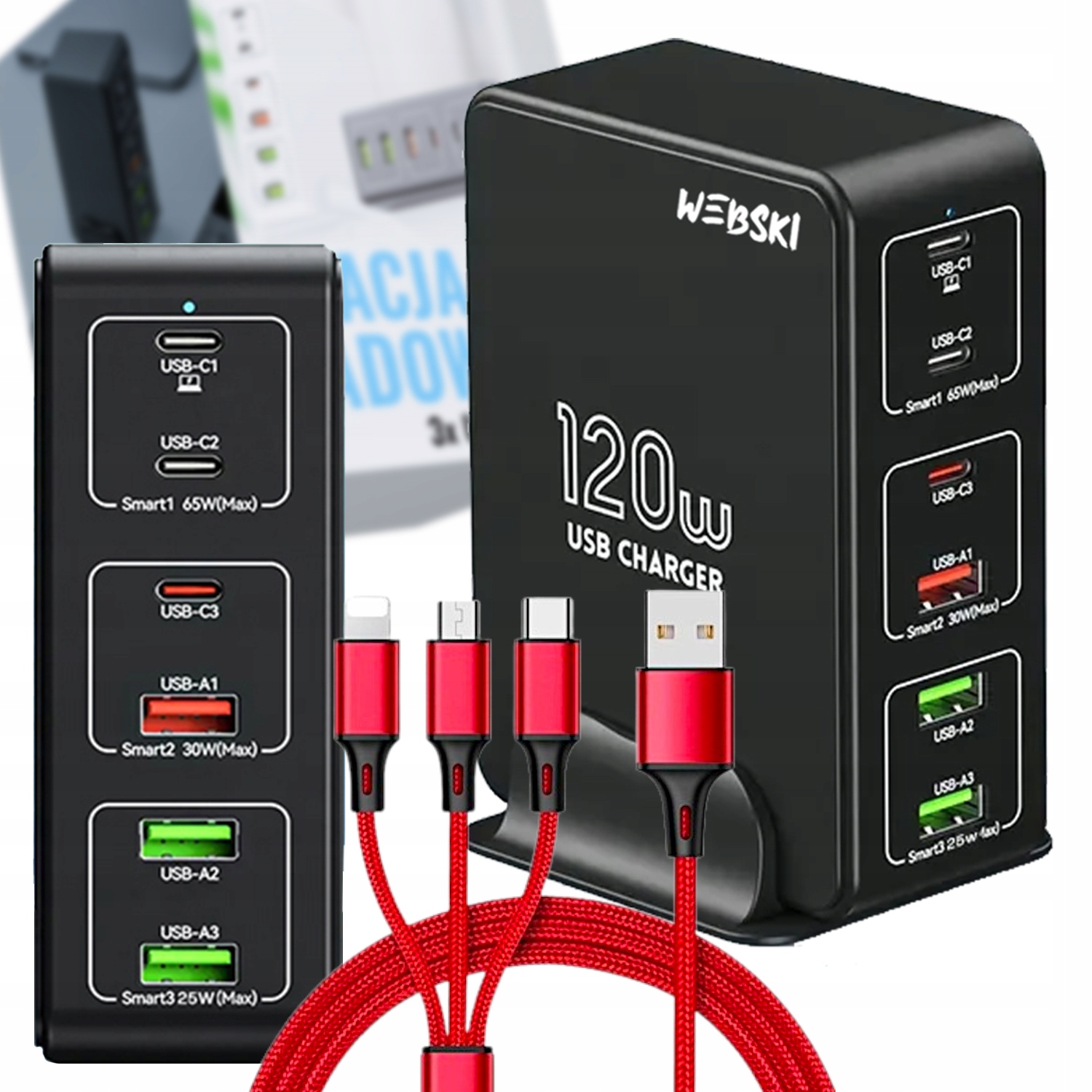 Rychlá síťová nabíječka 120W 6xUSB Qc kabel 3v1 pro mnoho zařízení