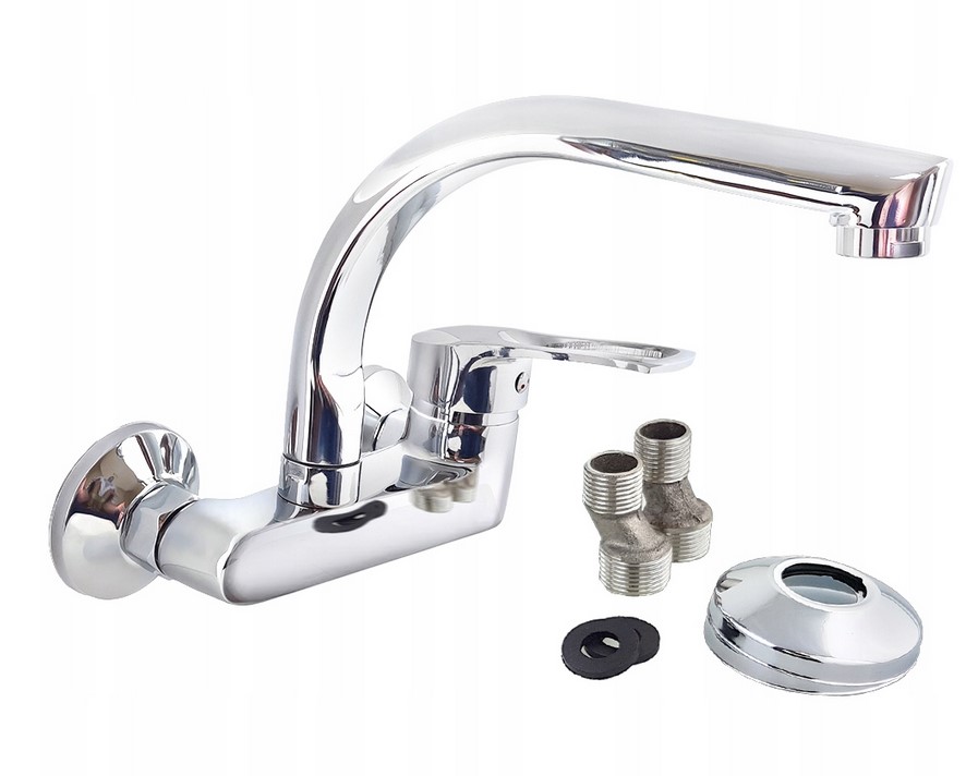 BATERIA KUCHENNA ŚCIENNA UMYWALKOWA OBROTOWA DŁUGA WYLEWKA KRAN JEDNOUCHWYT