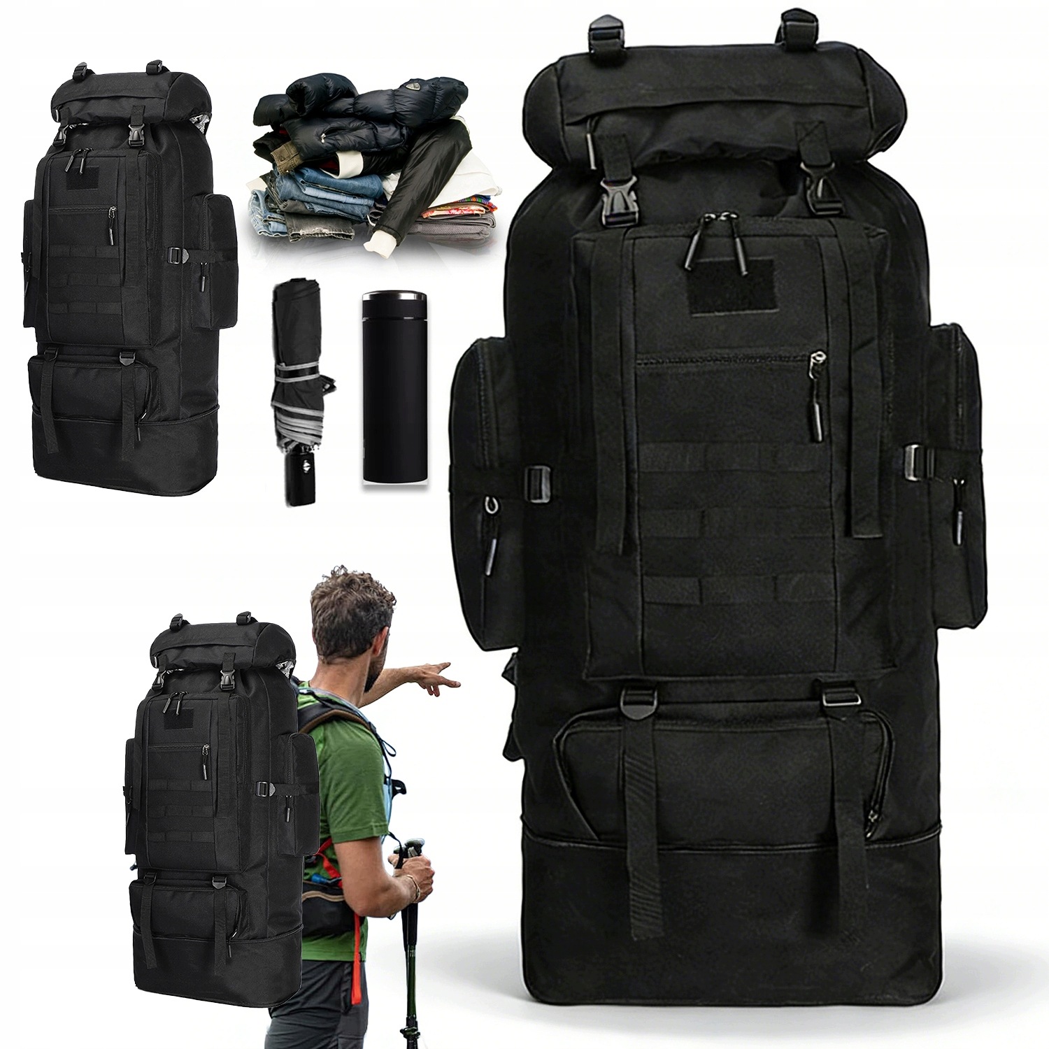 Plecak Turystyczny Wojskowy 100L Wodoodporny Oxford Hiking Camping Czarny