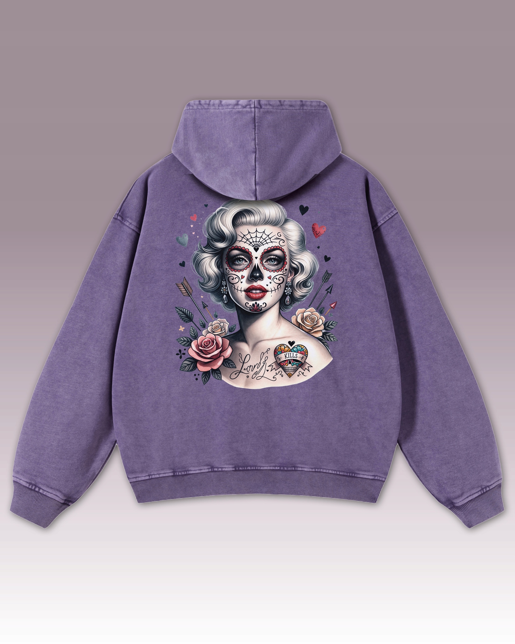 Oversize mikina s kapucí Žena s tetováním Marilyn Monroe fialová L