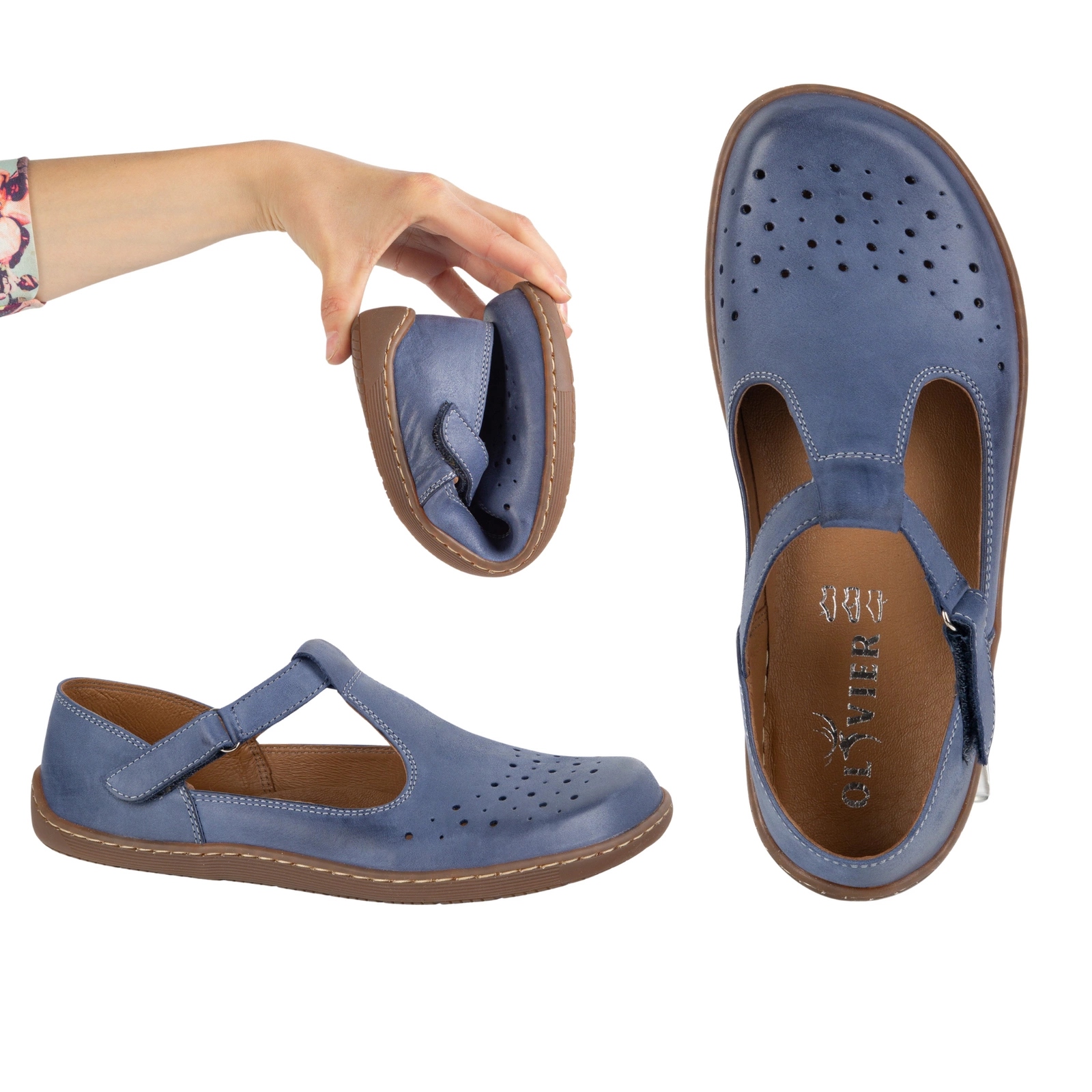 Dámské barefootové boty z přírodní kůže 1283, modré, perforace 40