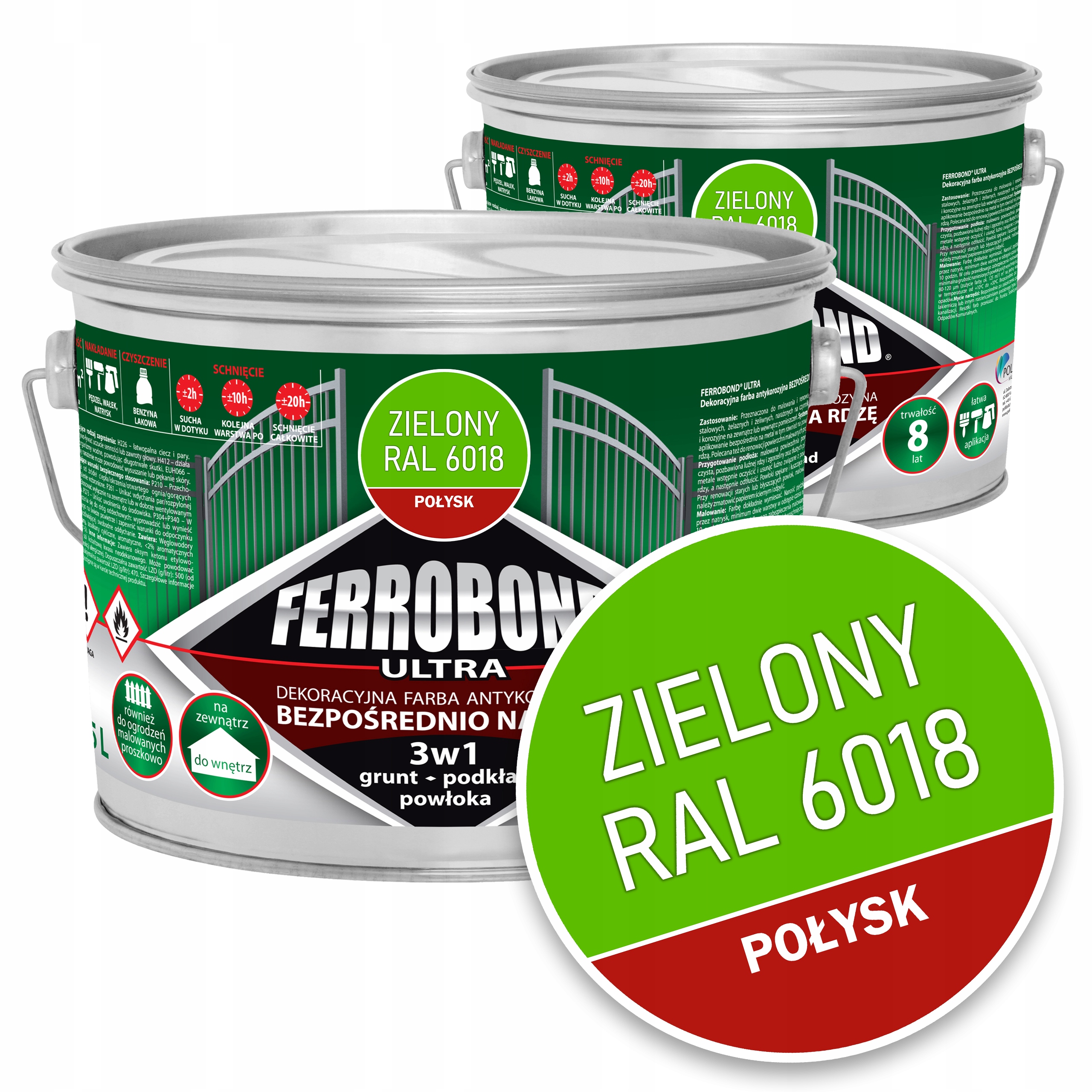 Farba do Metalu na Rdzę Zielony Połysk Ral 6018 2,5L Ferrobond Zestaw 2szt