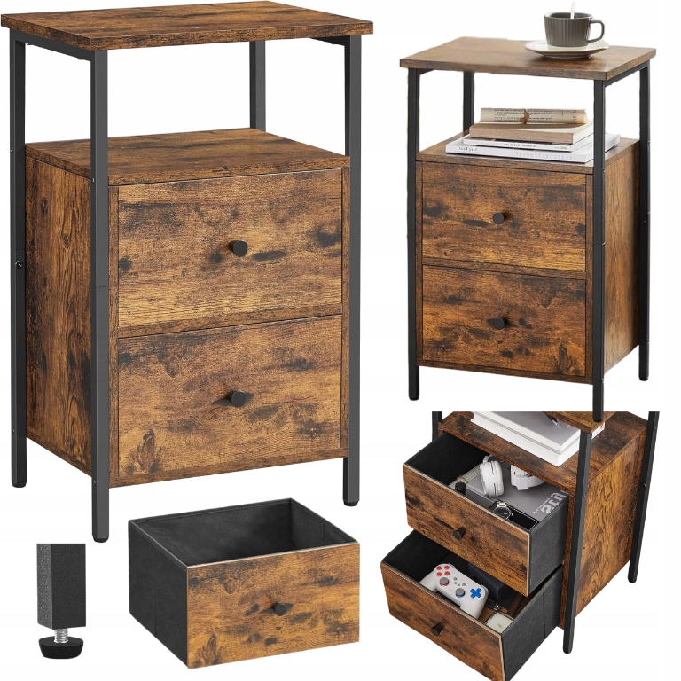 Rustikálny bočný stolík Loft s zásuvkami a poličkou, skrinka pri posteli, Malá
