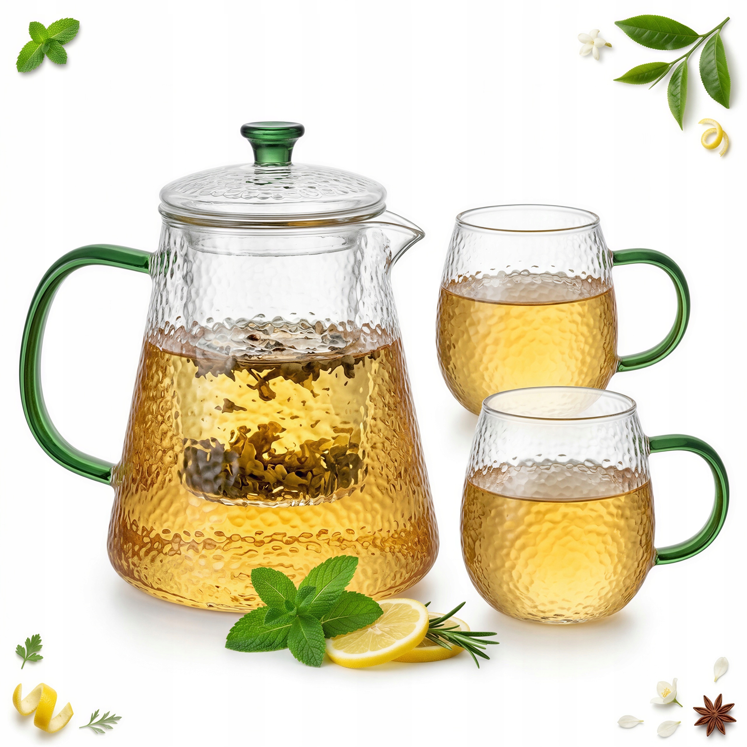 Skleněná Konvice Na Čaj 1 L S Vařičem 2 Sklenice 330 ml Zelené Ucho
