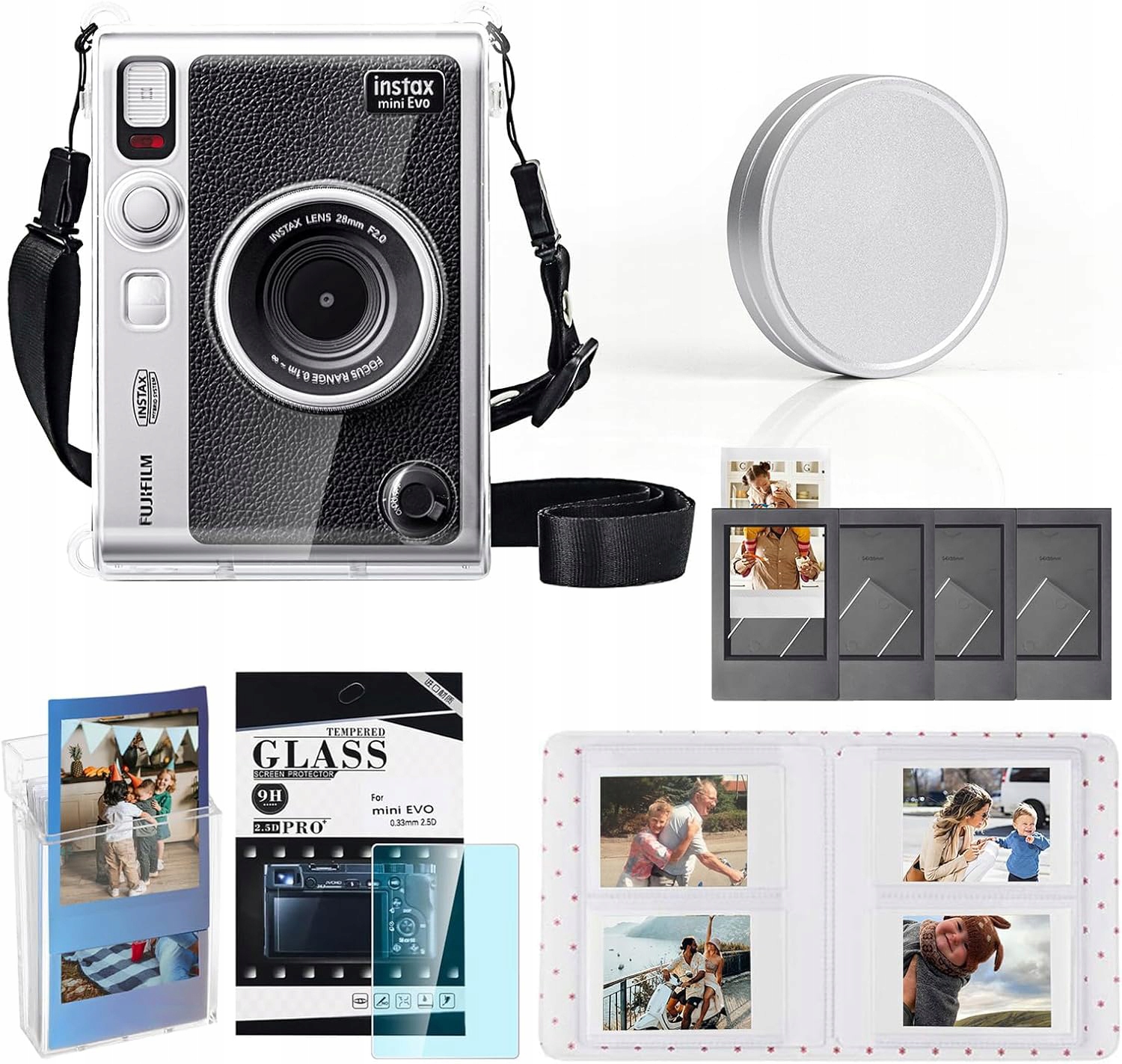Zestaw 6w1 Futerał Etui Szkło Album 64x Dekielek Ramki Fuji Instax Mini Evo