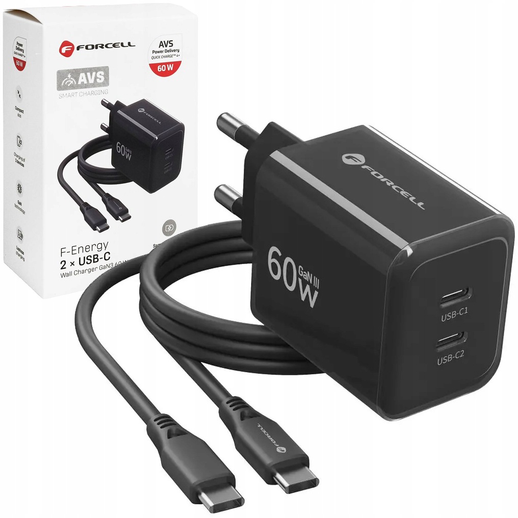 Rychlá síťová nabíječka 2x Usb-c Avs SFC3.0 60W pro telefon, černá