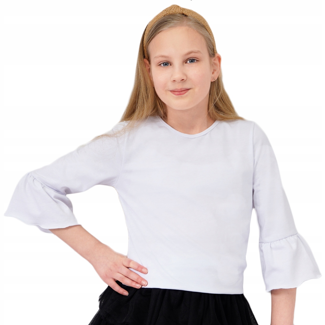 

Biała Bluzka r.140 rękaw z falbankami Szkoła