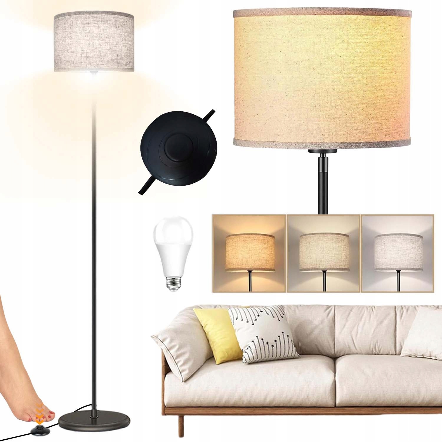 Moderní Podlahová Stojací Lampa 156 CM S Lněným Stínítkem E27 Led, 3 Režimy 9W
