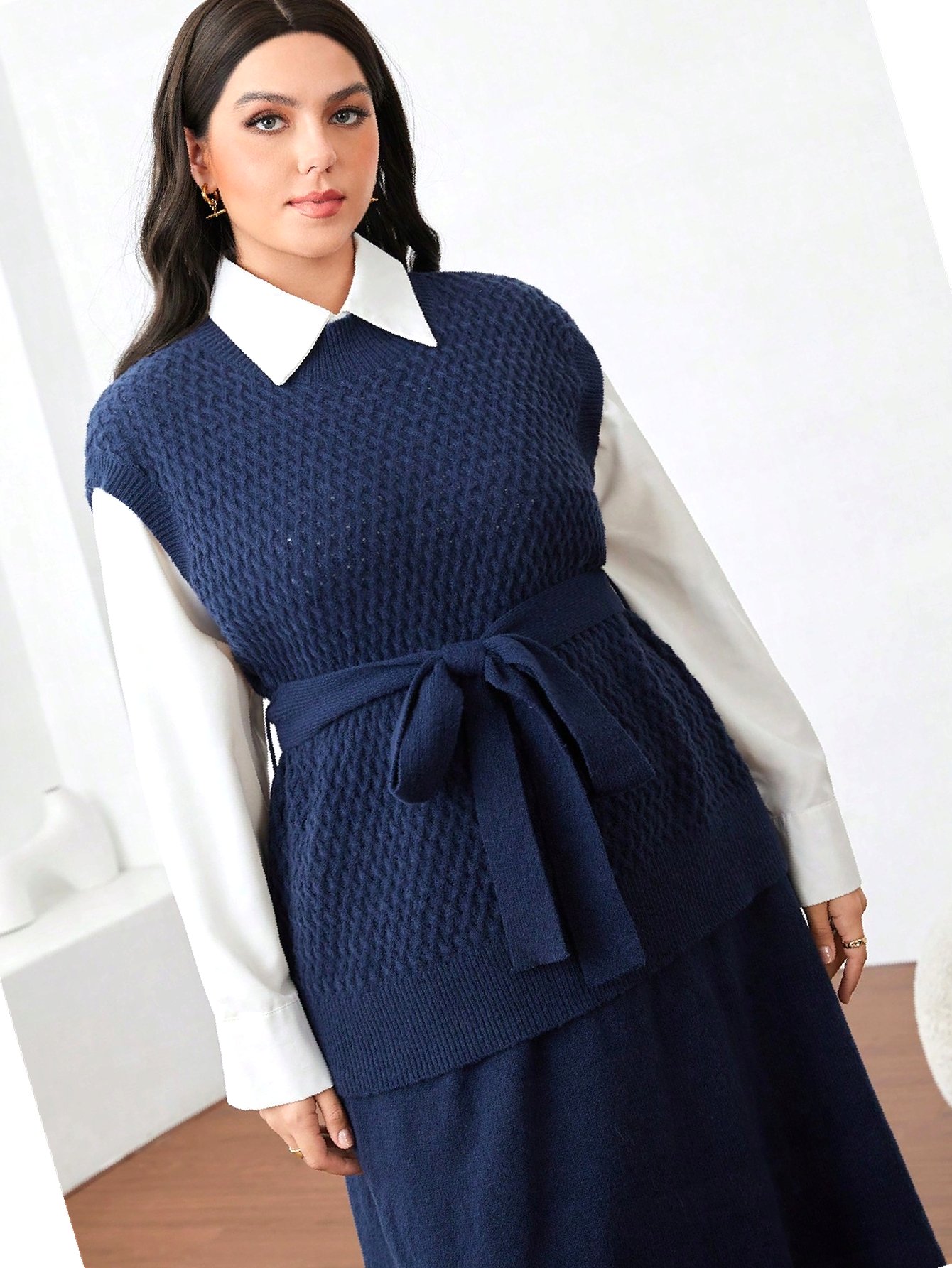 Komplet Casual Navy Sukně Maxi Pletená Vesta 3XL