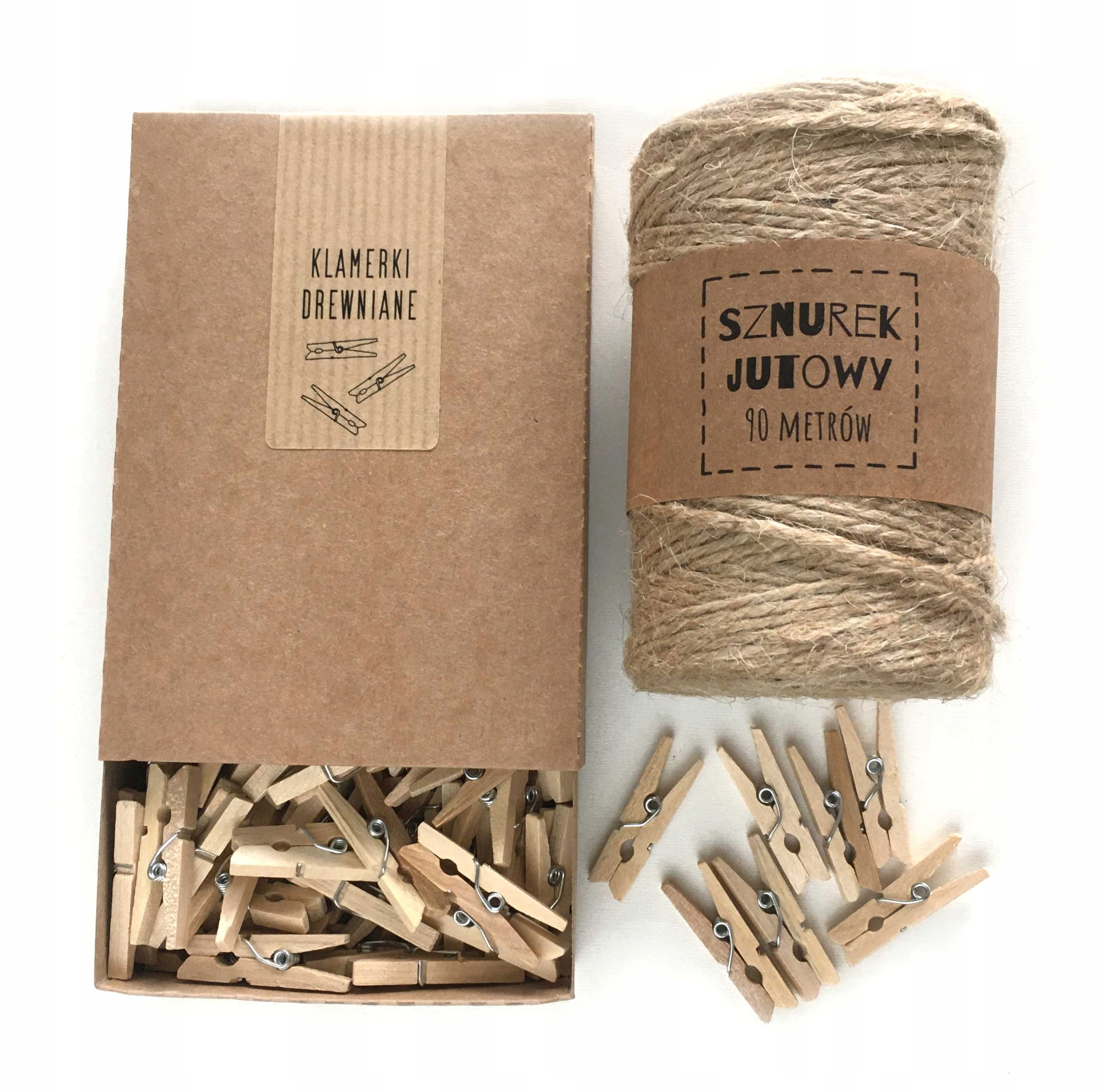 Sznurek jutowy 90 m klamerki drewniane 3 cm 100szt
