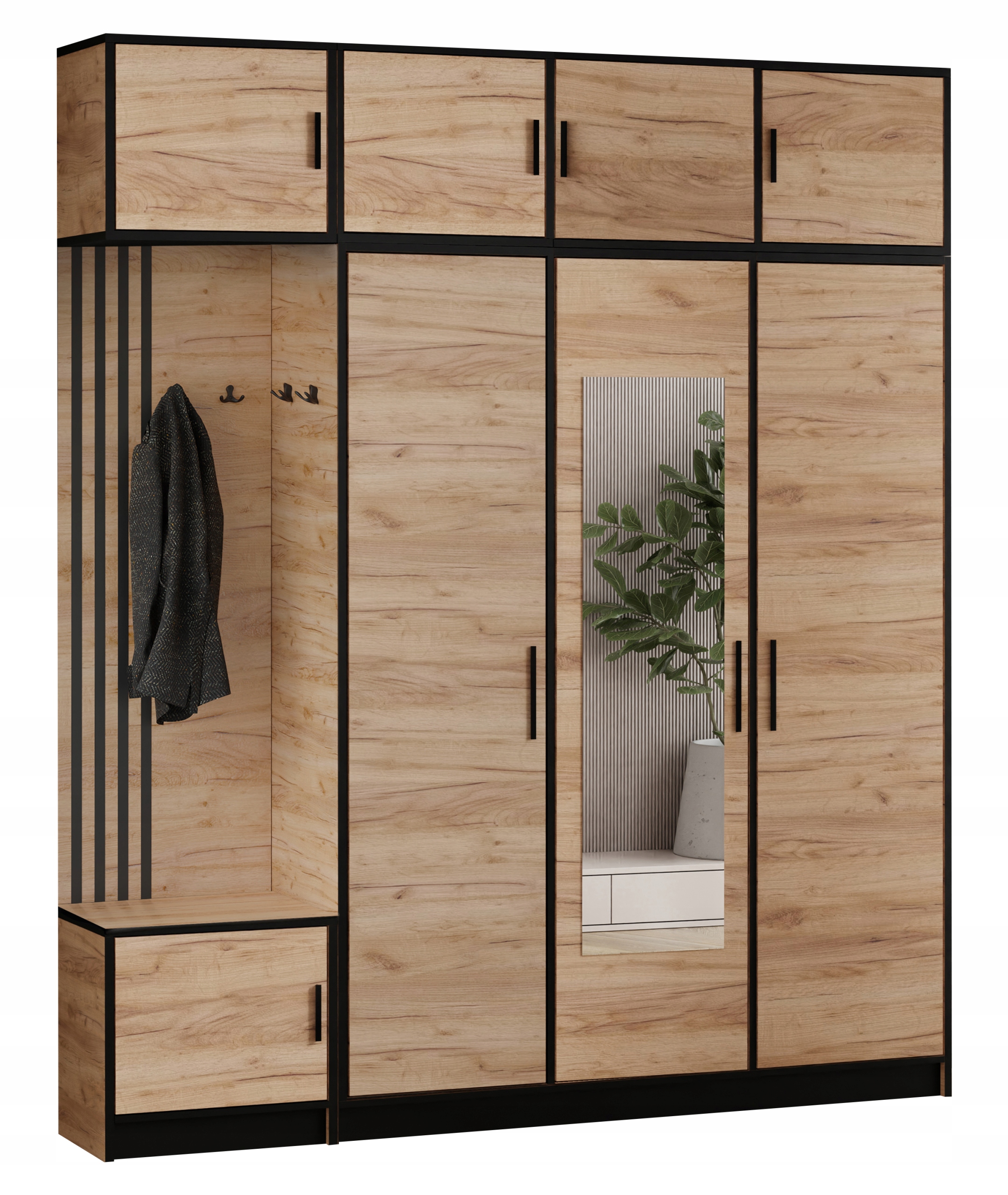 Šatní skříň Dior 14 Dub Craft Zlatý lamelový sedák se zrcadlem a nástavcem