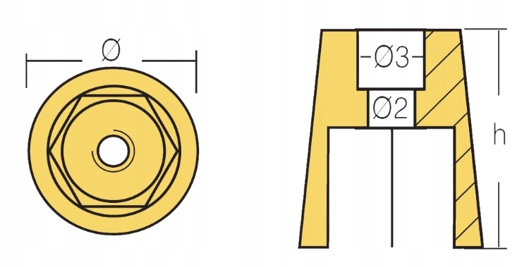 Anoda wału stożkowa 25 mm - heksagonalna Numer katalogowy części ANODA25HEKS