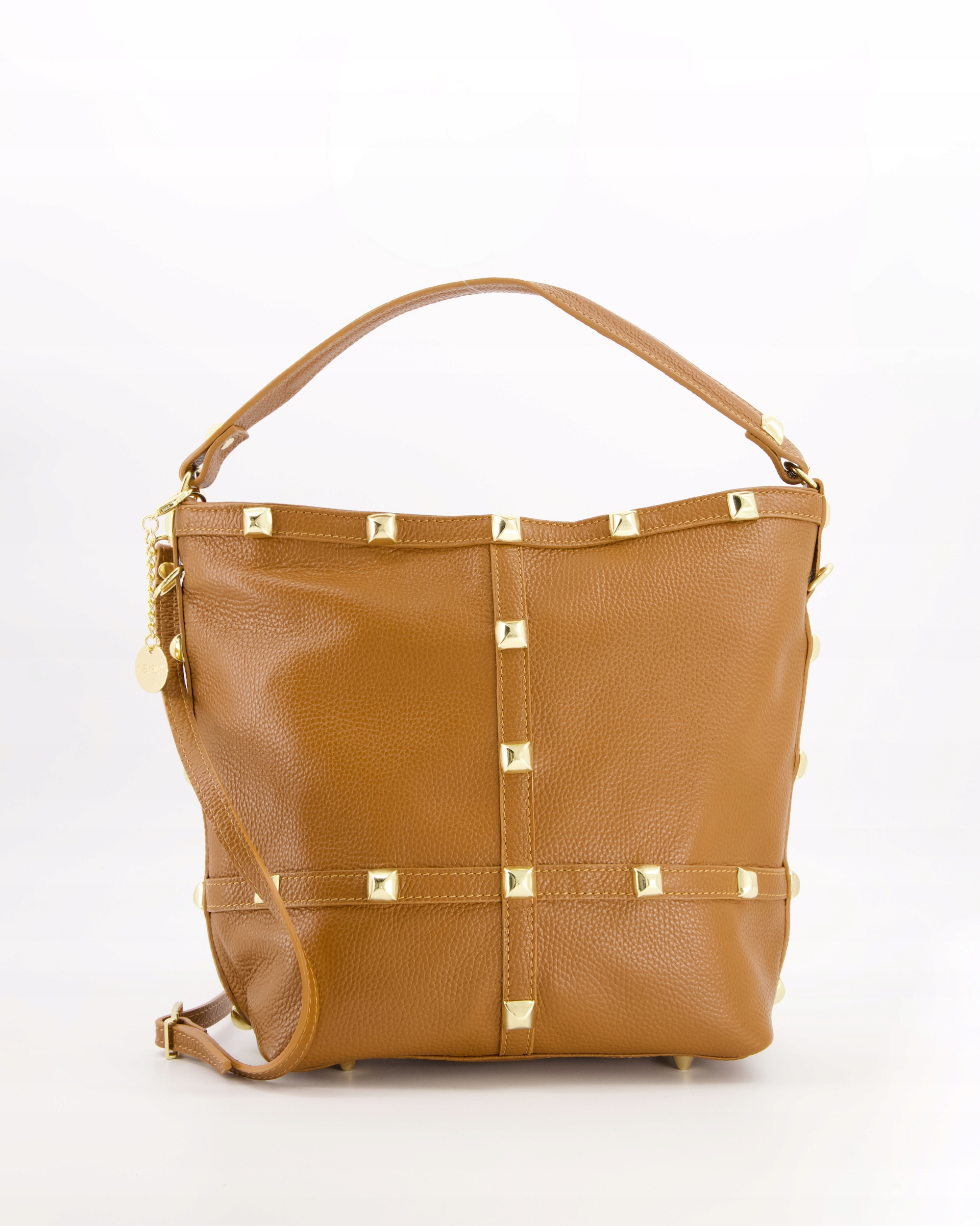 Damska Skórzana Torebka Venezia Z Dekoracyjnymi Nitami W Kolorze Brązowym