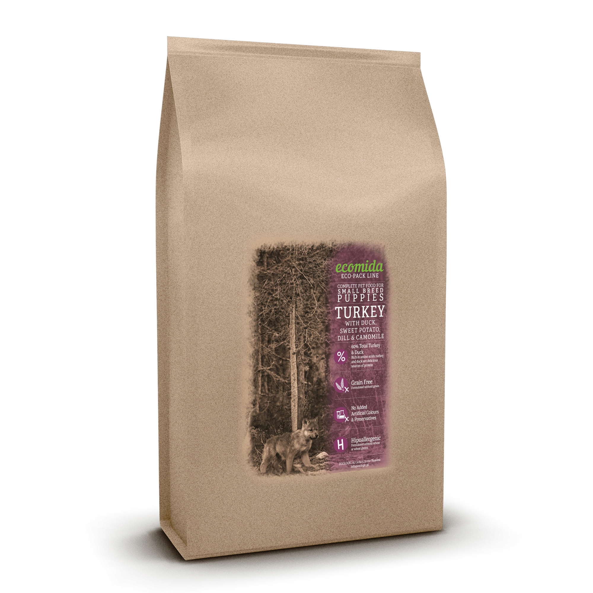 Levně Ecomida Bez obilovin Krmivo Hypoalergenní Krůta Kachna 2 kg Štěňata Malé plemeno