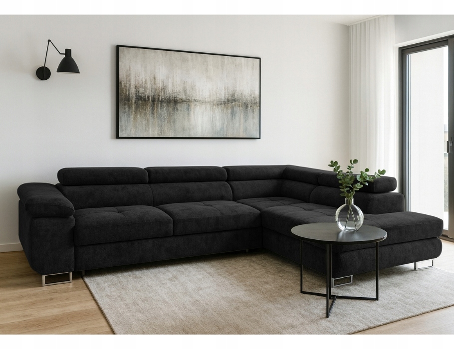 Rohová Sedací Souprava s funkcí spaní Avesta pravá s úložným prostorem, černá pletenina