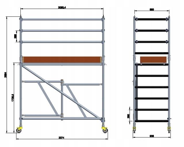 Rusztowanie przejezdne Drabex RS1000/R rozbudowane Maksymalna wysokość podestu 1.74 m
