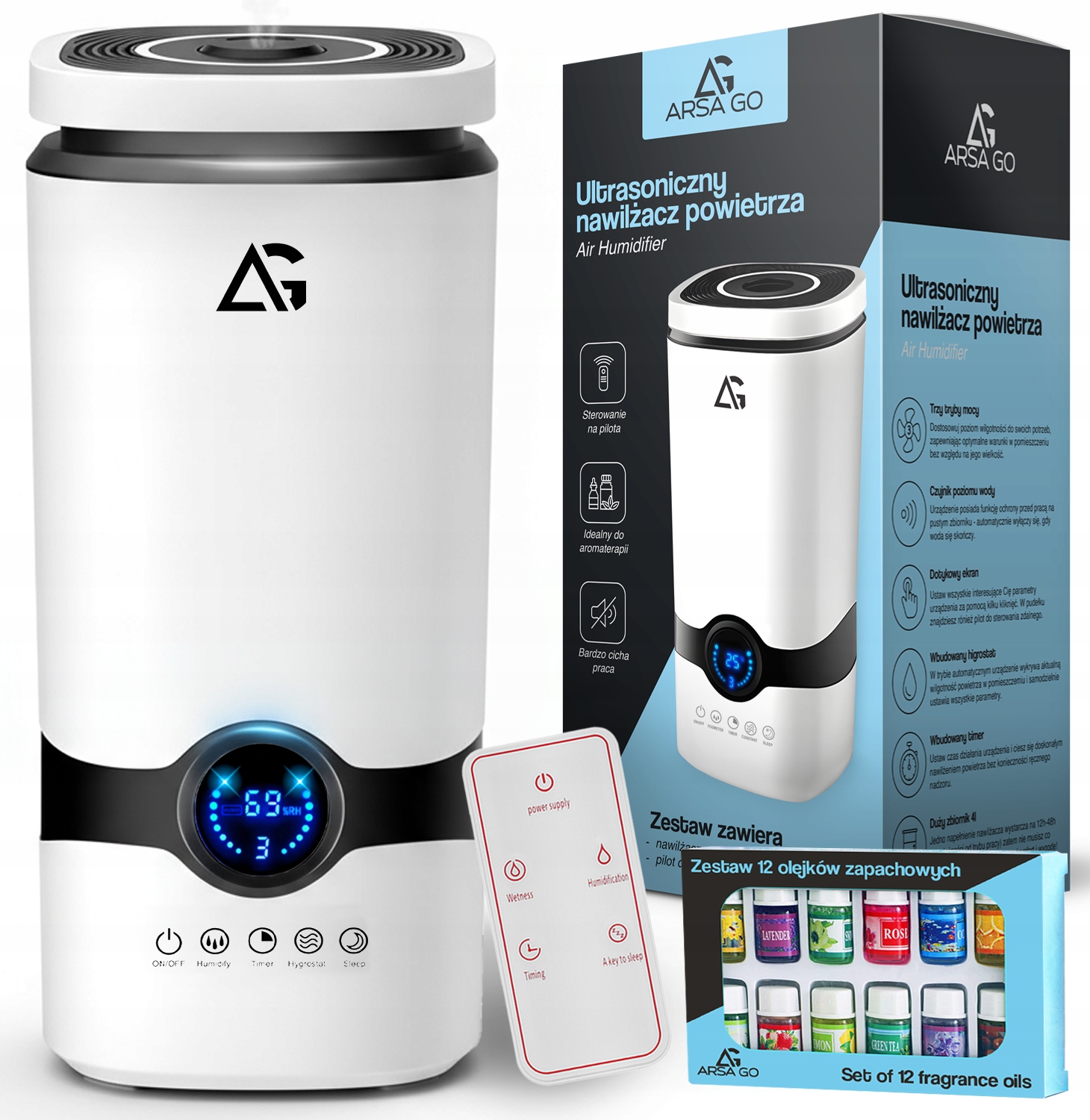 Nawilżacz Powietrza Jonizator Aromaterapia Dyfuzor Timer Pilot 12x Olejki