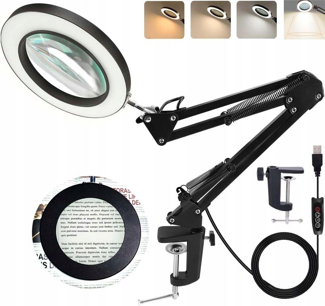 Led Lampa Kosmetická Lupa Sklo 3 Režimy Barev Otáčení O 180° S Usb Kabelem