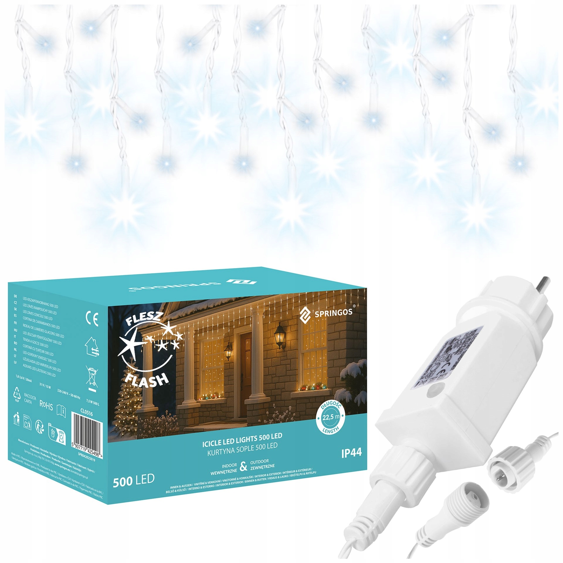 LAMPKI ZEWNĘTRZNE SOPLE 500 LED IP44 STAŁE + FLASH BIAŁE ZIMNE ŚWIĄTECZNE Długość 2250 cm