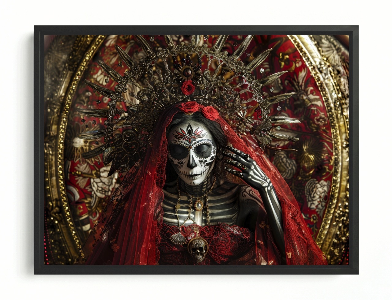 Obraz Rám Americký Box Portrét Santa Muerte Mexiko Lebka Královna 100x75