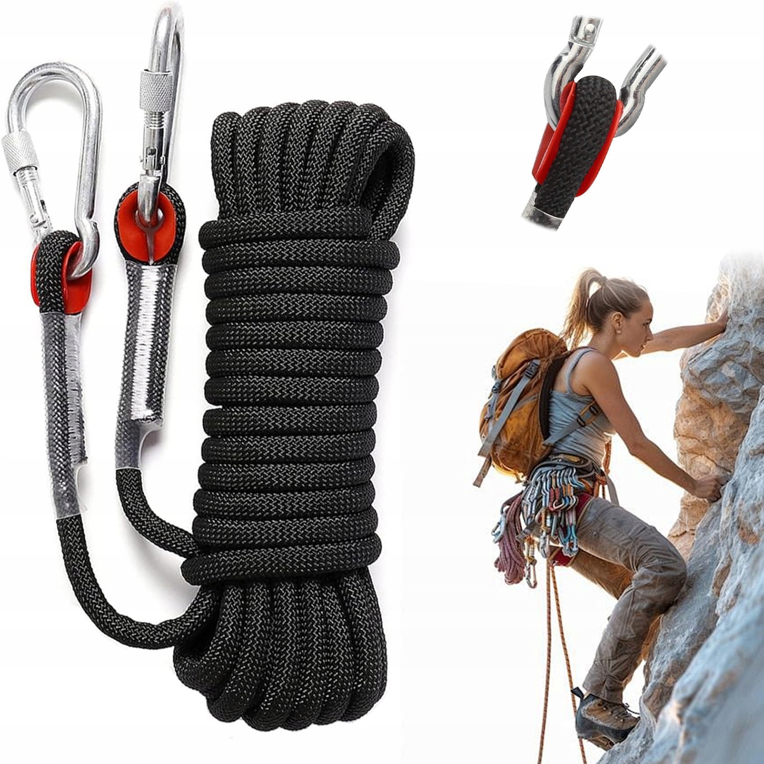 Lina Wspinaczkowa Outdoor 10M Linka Ratunkowa Nylon 2 Karabińczyki Alpinizm