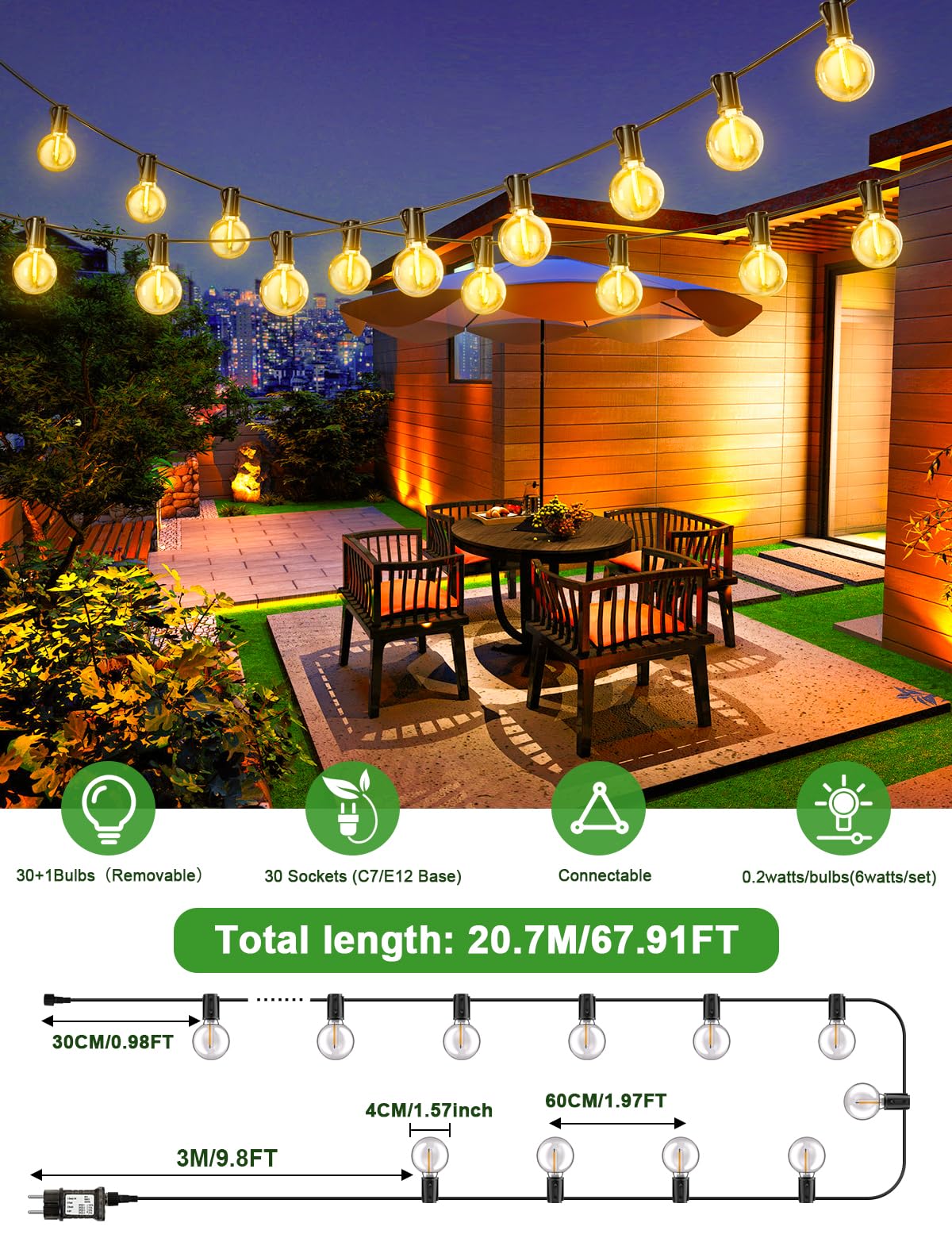 Girlanda LED Zewnętrzna 20m Timer IP44 Wodoodporna Balkon Ogród — miniatura 6
