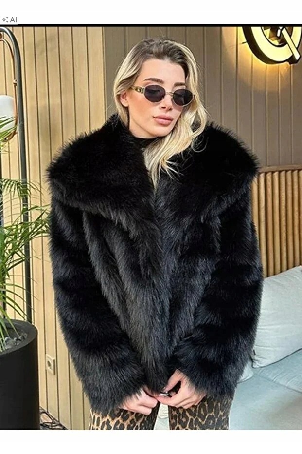 Černá Kožešinová Bunda S Velkým Límcem Elegantní XL 5IA