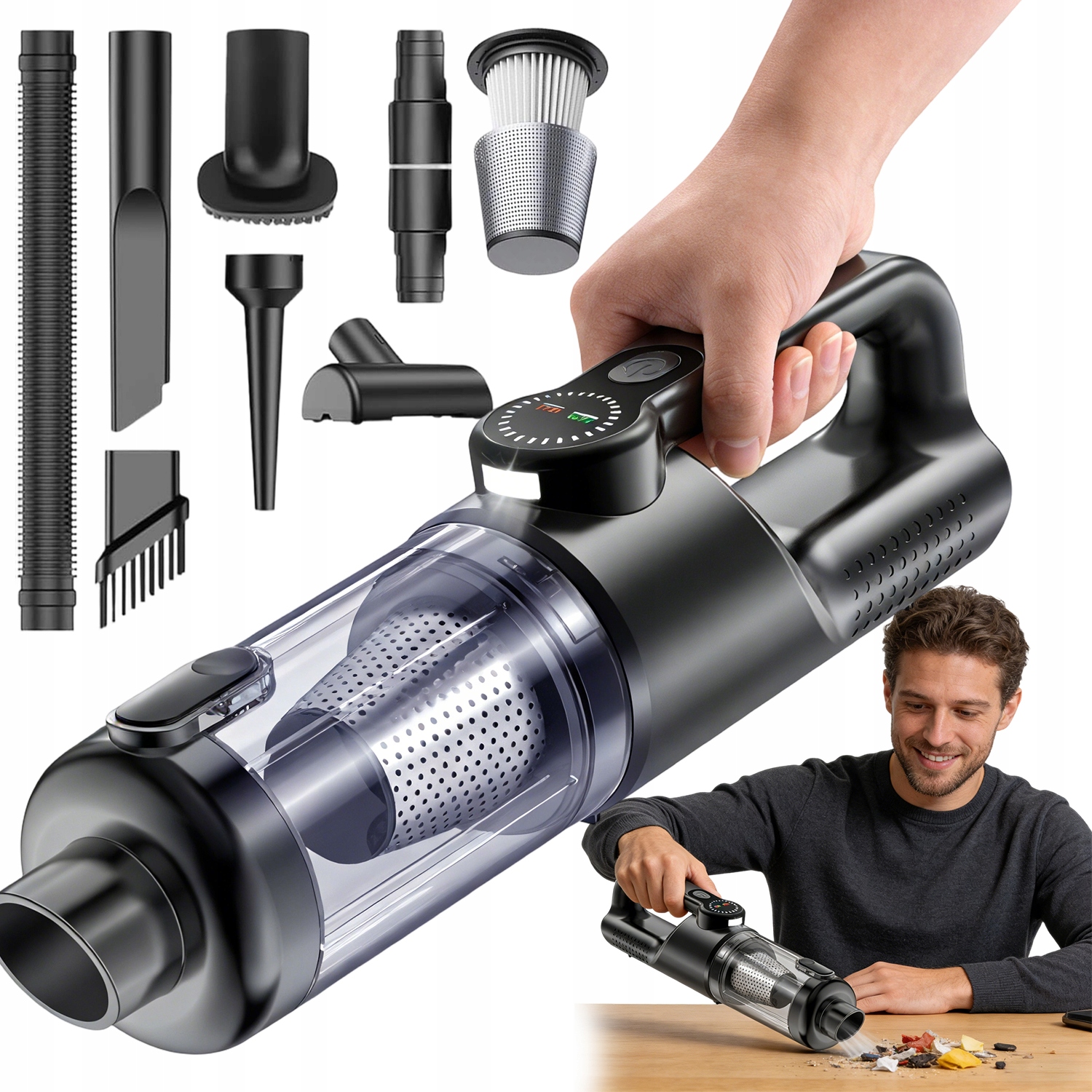 Vysavač 17000PA 3X2000MAH 65W S Tryskami A Kartáčem Do Auta